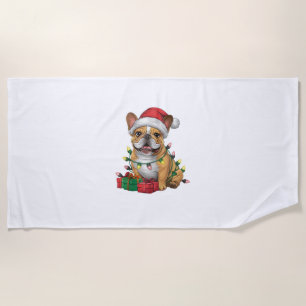 Xmas Lighting Santa Hat French Bulldog Christmas _ Beach Towel