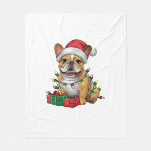 Xmas Lighting Santa Hat French Bulldog Christmas _ Fleece Blanket