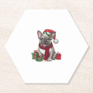 Xmas Lighting Santa Hat French Bulldog Christmas _ Paper Coaster