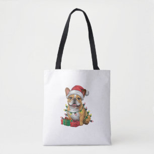 Xmas Lighting Santa Hat French Bulldog Christmas _ Tote Bag