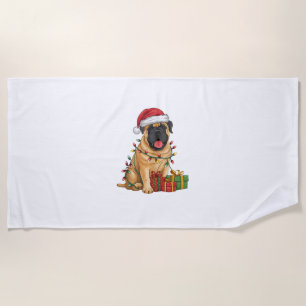 Xmas Lighting Santa Hat French Mastiff Dog Christm Beach Towel