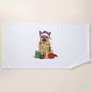 Xmas Lighting Santa Hat German Shepherd Dog Christ Beach Towel