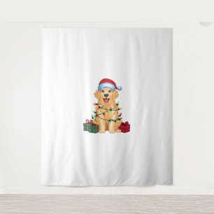 Xmas Lighting Santa Hat Golden Retriever Dog Chris Tapestry