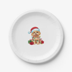 Xmas Lighting Santa Hat Maltipoo Dog Christmas  Paper Plate