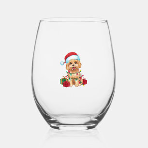 Xmas Lighting Santa Hat Maltipoo Dog Christmas Stemless Wine Glass