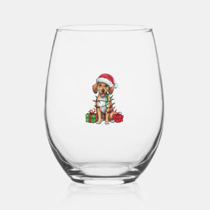 Xmas Lighting Santa Hat Mountain Cur Dog Christmas Stemless Wine Glass