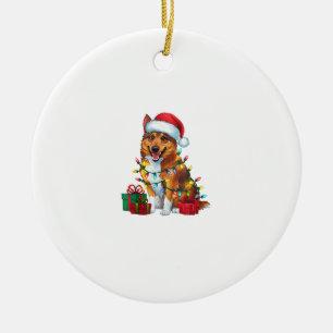 Xmas Lighting Santa Hat Norwegian Elkhound Dog Chr Ceramic Tree Decoration