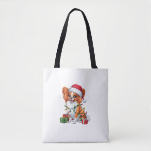 Xmas Lighting Santa Hat Papillon Dog Christmas _1 Tote Bag