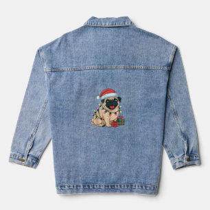 Xmas Lighting Santa Hat Pug Dogs Christmas Denim Jacket