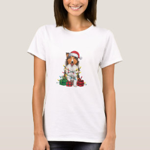 Xmas Lighting Santa Hat Rough Collie Dog Christmas T-Shirt