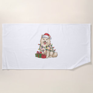 Xmas Lighting Santa Hat Samoyed Dog Christmas Beach Towel