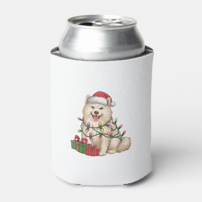 Xmas Lighting Santa Hat Samoyed Dog Christmas  Can Cooler (Can Front)