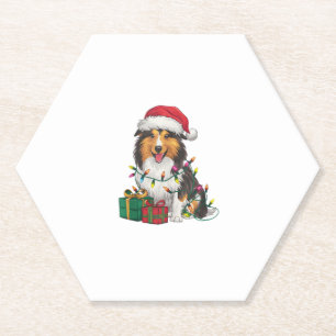 Xmas Lighting Santa Hat Shetland Sheepdog Christma Paper Coaster