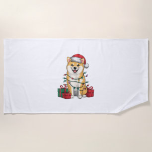 Xmas Lighting Santa Hat Shiba Inu Dog Christmas _1 Beach Towel