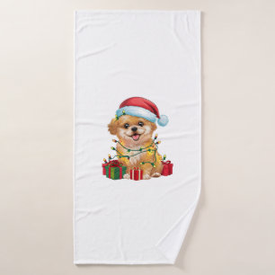 Xmas Lighting Santa Hat Shih Poo Dog Christmas  Bath Towel