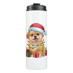 Xmas Lighting Santa Hat Shih Poo Dog Christmas  Thermal Tumbler