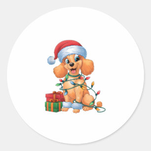Xmas Lighting Santa Hat Toy Poodle Dog Christmas Classic Round Sticker