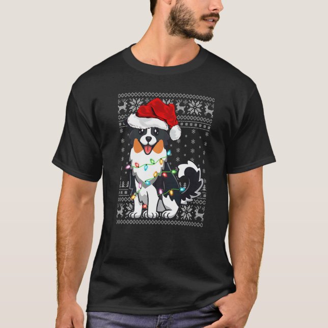 Xmas Lighting Santa Hat Ugly Australian Shepherd C T-Shirt (Front)