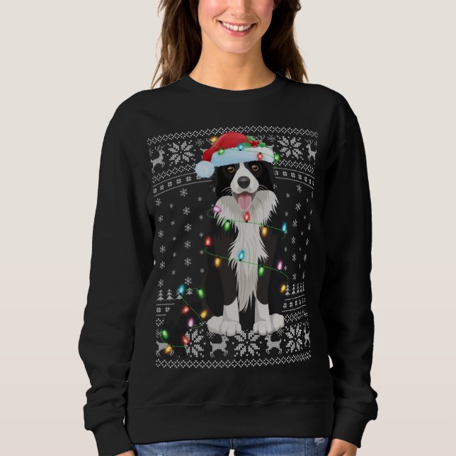 Xmas Lighting Santa Hat Ugly Border Collie Christm Sweatshirt (Front)
