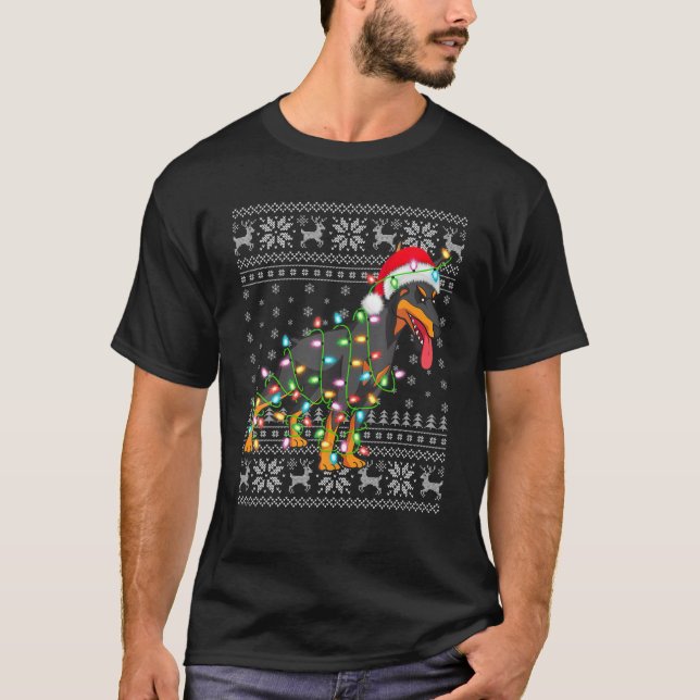 Xmas Lighting Santa Hat Ugly Doberman Christmas T-Shirt (Front)