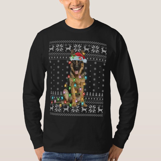 Xmas Lighting Santa Hat Ugly German Shepherd Chris T-Shirt (Front)