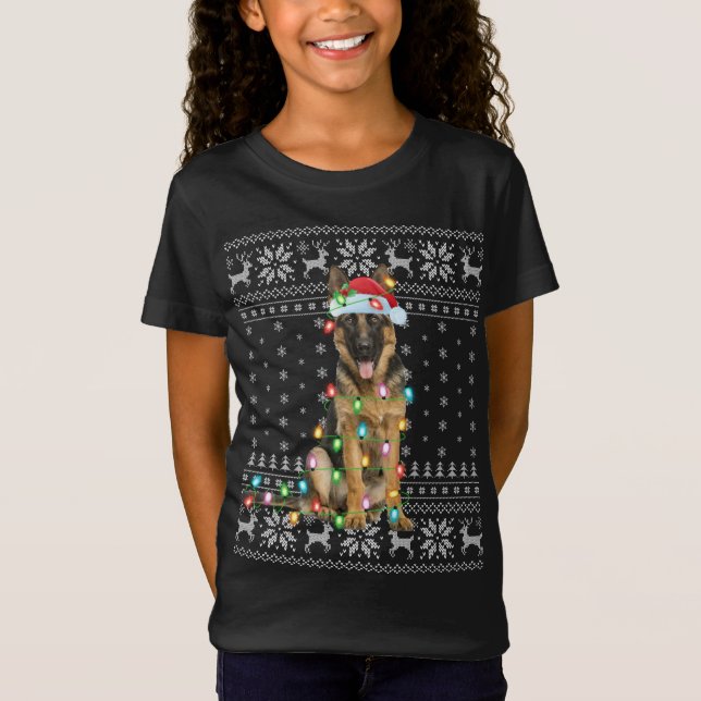 Xmas Lighting Santa Hat Ugly German Shepherd Chris T-Shirt (Front)
