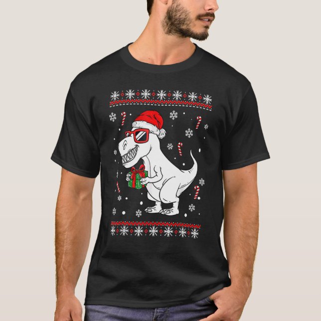 Xmas Lighting Santa Hat Ugly Rex Dinosaurs Christm T-Shirt (Front)