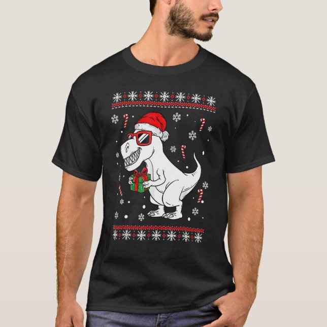 Xmas Lighting Santa Hat Ugly Rex Dinosaurs Christm T-Shirt (Front)