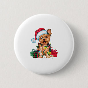 Xmas Lighting Santa Hat Yorkie Dog Christmas _1 6 Cm Round Badge