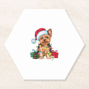 Xmas Lighting Santa Hat Yorkie Dog Christmas _1 Paper Coaster
