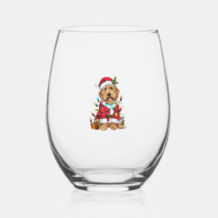 Xmas Lighting Santa Labradoodle Dog Christmas Stemless Wine Glass