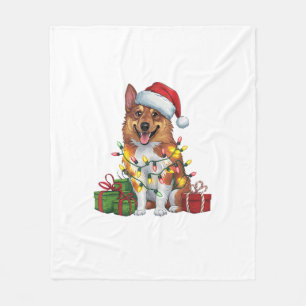 Xmas Lighting Santa Norwegian Elkhound Dog Christm Fleece Blanket