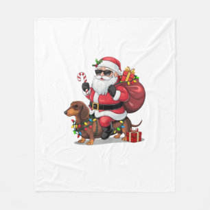 Xmas Lighting Santa Riding Dachshund Dog Christmas Fleece Blanket