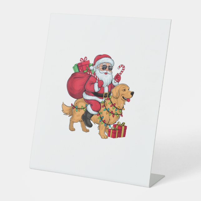 Xmas Lighting Santa Riding Golden Retriever Dog Ch Pedestal Sign (Front)
