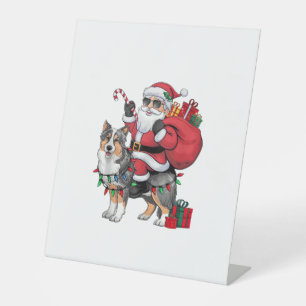 Xmas Lighting Santa Riding Sheltie Dog Christmas Pedestal Sign