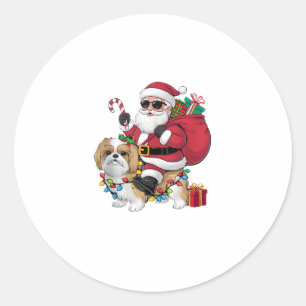 Xmas Lighting Santa Riding Shih Tzu Dog Christmas Classic Round Sticker