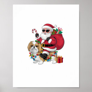 Xmas Lighting Santa Riding Shih Tzu Dog Christmas Poster