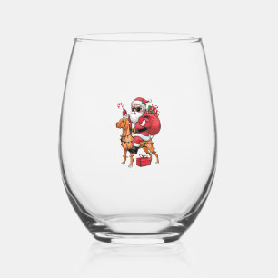 Xmas Lighting Santa Riding Vizsla Dog Christmas  Stemless Wine Glass