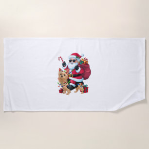 Xmas Lighting Santa Riding Yorkie Dog Christmas  Beach Towel