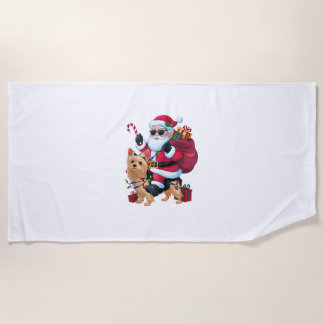 Xmas Lighting Santa Riding Yorkie Dog Christmas Beach Towel