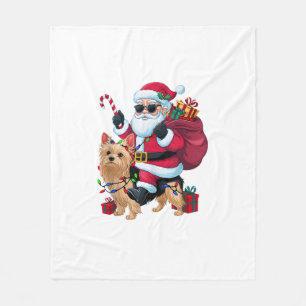 Xmas Lighting Santa Riding Yorkie Dog Christmas Fleece Blanket
