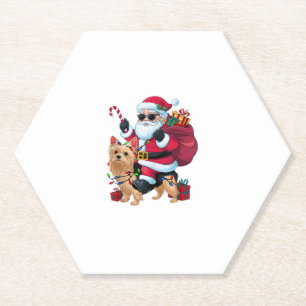 Xmas Lighting Santa Riding Yorkie Dog Christmas Paper Coaster