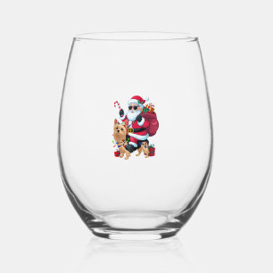 Xmas Lighting Santa Riding Yorkie Dog Christmas Stemless Wine Glass