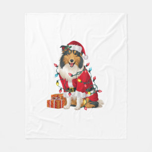 Xmas Lighting Santa Rough Collie Dog Christmas  Fleece Blanket