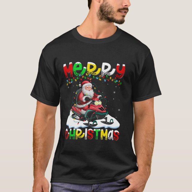 Xmas Lighting Santa Snowmobiling Merry Christmas T-Shirt (Front)