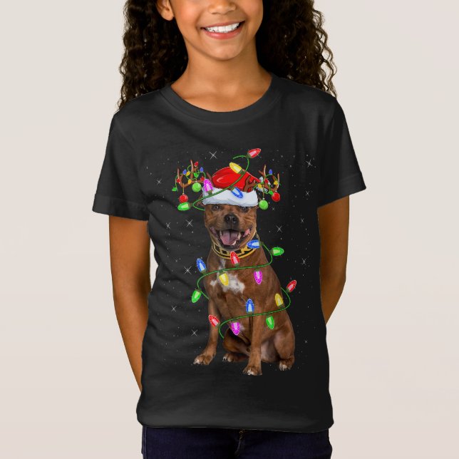 Xmas Lighting Santa Staffordshire Bull Terrier Dog T-Shirt (Front)