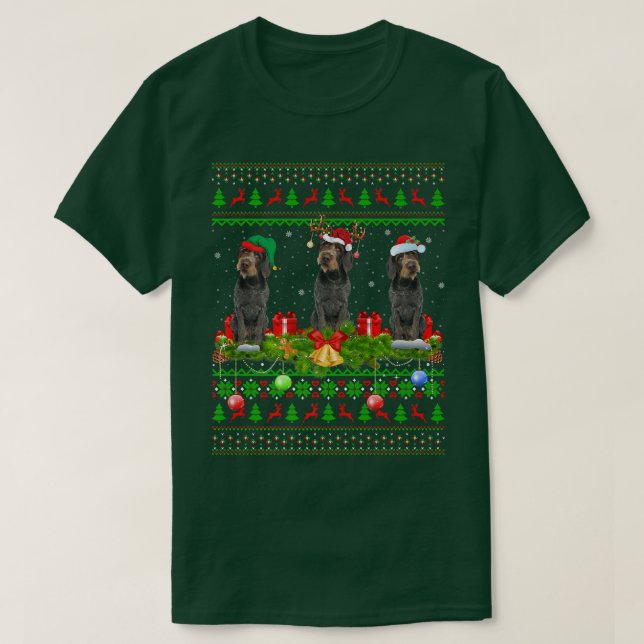 Xmas Lighting Santa Ugly German Wirehaired Pointer T-Shirt (Design Front)