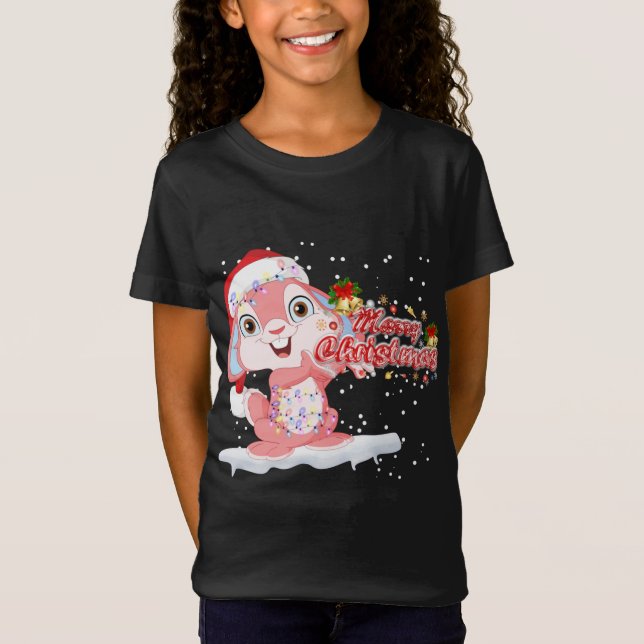 Xmas Lighting Tree Santa Hat Rabbit Bunny Christma T-Shirt (Front)