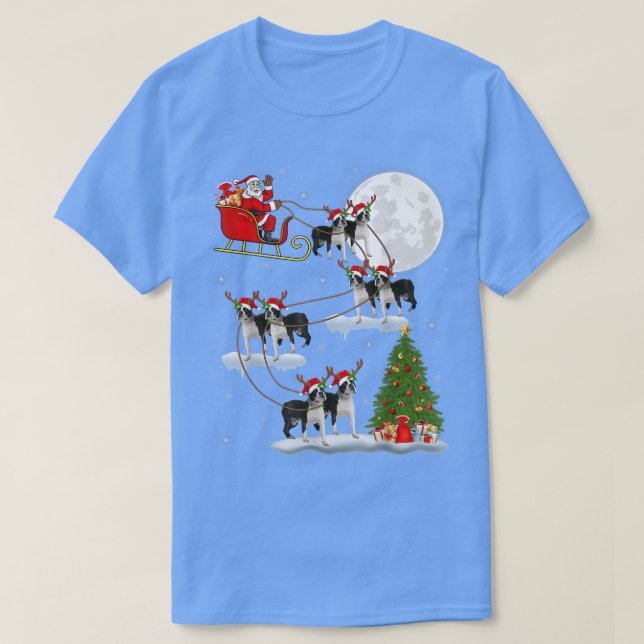 Xmas Lighting Tree Santa Riding Boston Terrier Chr T-Shirt (Design Front)