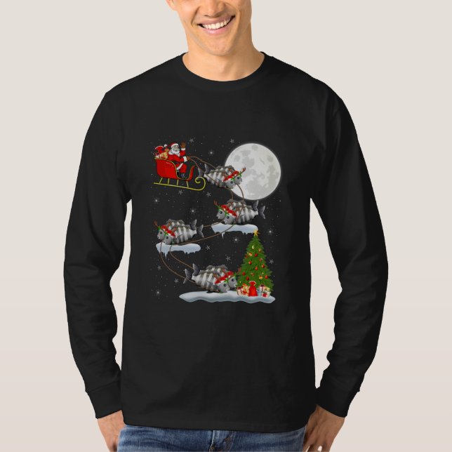 Xmas Lighting Tree Santa Riding Sheepshead Fish T-Shirt (Front)